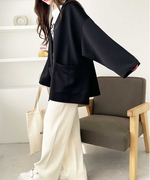 GeeRA(ジーラ)の「【新色追加】アソート素材ミドル丈ジャケット(ノーカラージャケット・レディース・ブラック/アイボリー/モカ/ブラック系その他/ライトベージュ・MEDIUM)」の18枚目の写真