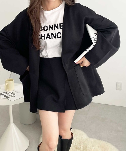 GeeRA(ジーラ)の「【新色追加】アソート素材ミドル丈ジャケット(ノーカラージャケット・レディース・ブラック/アイボリー/モカ/ブラック系その他/ライトベージュ・MEDIUM)」の20枚目の写真