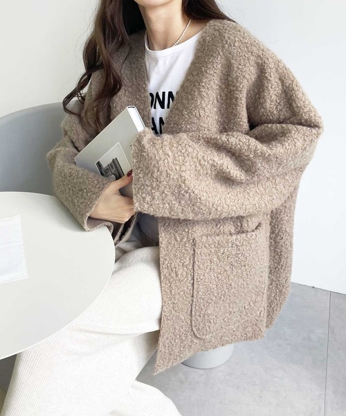 GeeRA(ジーラ)の「【新色追加】アソート素材ミドル丈ジャケット(ノーカラージャケット・レディース・ブラック/アイボリー/モカ/ブラック系その他/ライトベージュ・MEDIUM)」の22枚目の写真