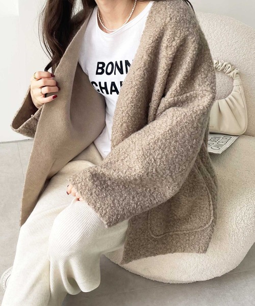 GeeRA(ジーラ)の「【新色追加】アソート素材ミドル丈ジャケット(ノーカラージャケット・レディース・ブラック/アイボリー/モカ/ブラック系その他/ライトベージュ・MEDIUM)」の17枚目の写真