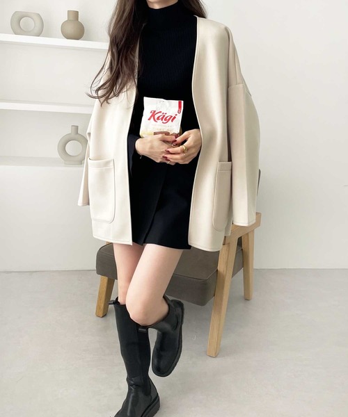 GeeRA(ジーラ)の「【新色追加】アソート素材ミドル丈ジャケット(ノーカラージャケット・レディース・ブラック/アイボリー/モカ/ブラック系その他/ライトベージュ・MEDIUM)」の21枚目の写真