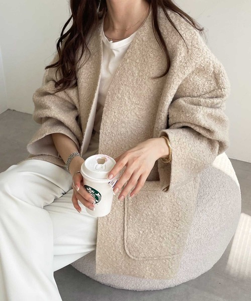 GeeRA(ジーラ)の「【新色追加】アソート素材ミドル丈ジャケット(ノーカラージャケット・レディース・ブラック/アイボリー/モカ/ブラック系その他/ライトベージュ・MEDIUM)」の12枚目の写真