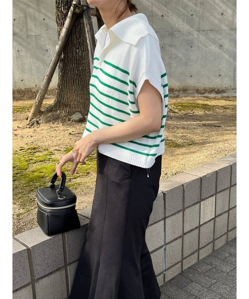 HEILIS（ヘイリス）の「《sayo select》オープンカラーボーダーベスト / ニット（ニット/セーター・レディース・ブラック/ブルー/グリーン・FREE）」の13枚目の写真