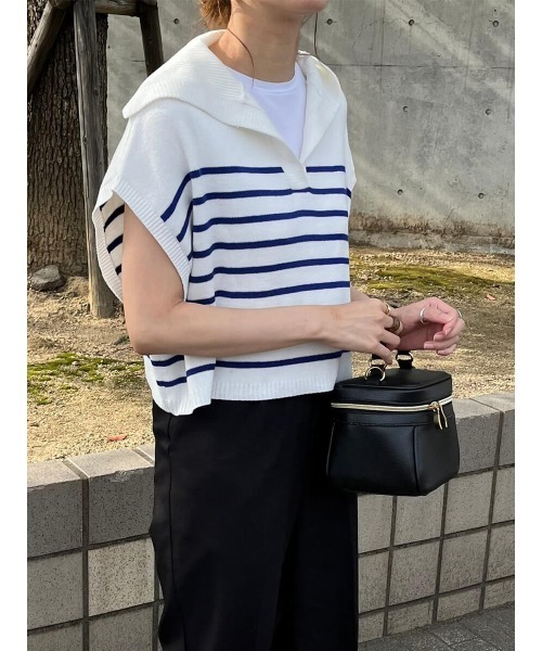 HEILIS（ヘイリス）の「《sayo select》オープンカラーボーダーベスト / ニット（ニット/セーター・レディース・ブラック/ブルー/グリーン・FREE）」の22枚目の写真