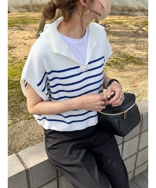 HEILIS（ヘイリス）の「《sayo select》オープンカラーボーダーベスト / ニット（ニット/セーター・レディース・ブラック/ブルー/グリーン・FREE）」の14枚目の写真