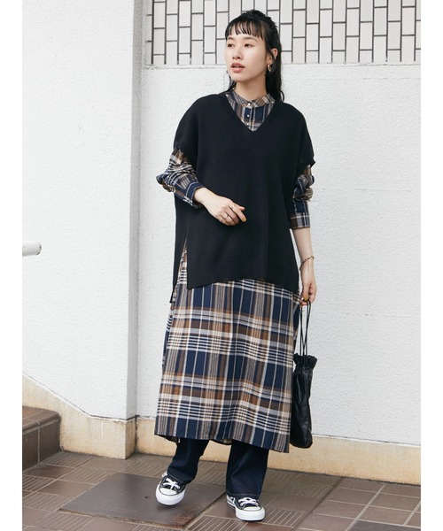 CRAFT STANDARD BOUTIQUE(クラフトスタンダードブティック)の「バンドカラーチェックワンピース *◆(シャツワンピース・レディース・オフホワイト/ベージュ系その他/ブルー系その他・FREE)」の5枚目の写真