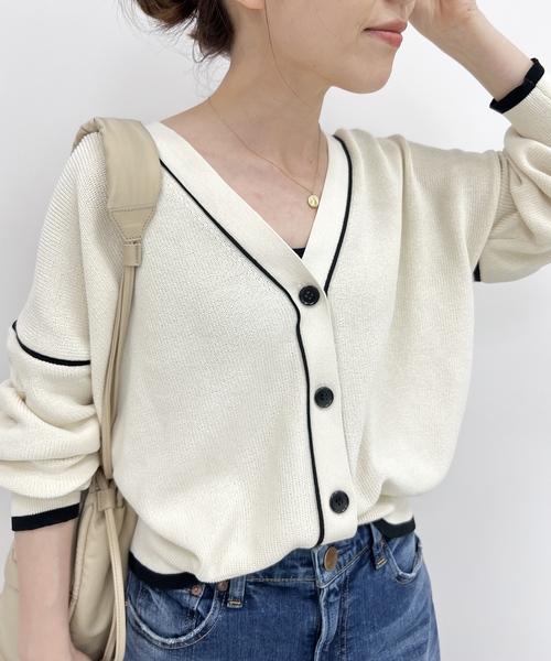 Spick & Span - ☆スピックアンドスパン☆ 片畦ラインVネック カーディガン Spick & Span（スピックアンドスパン）の「片畦ラインVネック