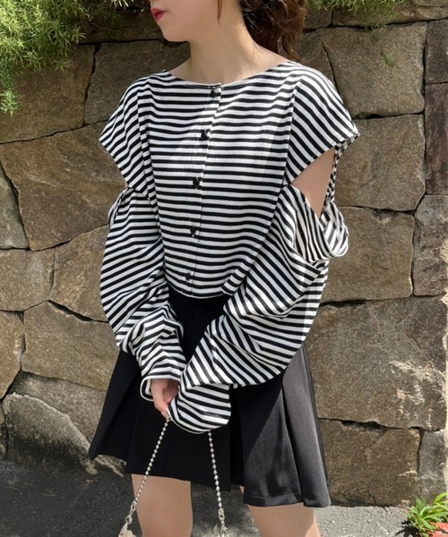 one after another NICE CLAUP（ワンアフターアナザーナイスクラップ）の「マルチWAYカッティングボーダートップス（Tシャツ/カットソー・レディース・ブラック系その他/ブラウン系その他/ベージュ系その他/グレイッシュベージュ・FREE）」の7枚目の写真