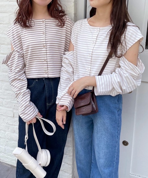 one after another NICE CLAUP（ワンアフターアナザーナイスクラップ）の「マルチWAYカッティングボーダートップス（Tシャツ/カットソー・レディース・ブラック系その他/ブラウン系その他/ベージュ系その他/グレイッシュベージュ・FREE）」の18枚目の写真