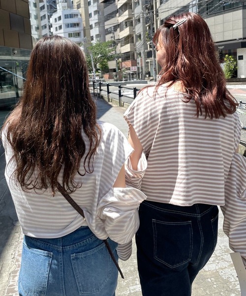 one after another NICE CLAUP（ワンアフターアナザーナイスクラップ）の「マルチWAYカッティングボーダートップス（Tシャツ/カットソー・レディース・ブラック系その他/ブラウン系その他/ベージュ系その他/グレイッシュベージュ・FREE）」の19枚目の写真