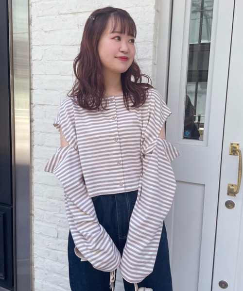 one after another NICE CLAUP（ワンアフターアナザーナイスクラップ）の「マルチWAYカッティングボーダートップス（Tシャツ/カットソー・レディース・ブラック系その他/ブラウン系その他/ベージュ系その他/グレイッシュベージュ・FREE）」の20枚目の写真