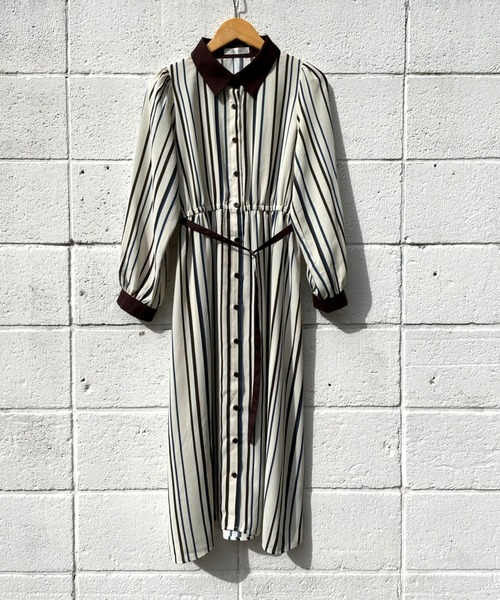 ＪＵＧＬＡＮＳ（ユグランス）の「☆ クラシカルな一枚。マルチストライプ柄ベルト付きワンピース　35936（ワンピース・レディース・ブラック/アイボリー/キャメル・FREE）」の2枚目の写真