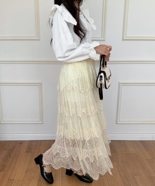 ECLIN（エクラン）の「ランダムティアード総レースロングスカート（スカート・レディース・ブラック/ベージュ・S/M）」の9枚目の写真