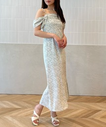 フラワープリントオフショルダースリットワンピース