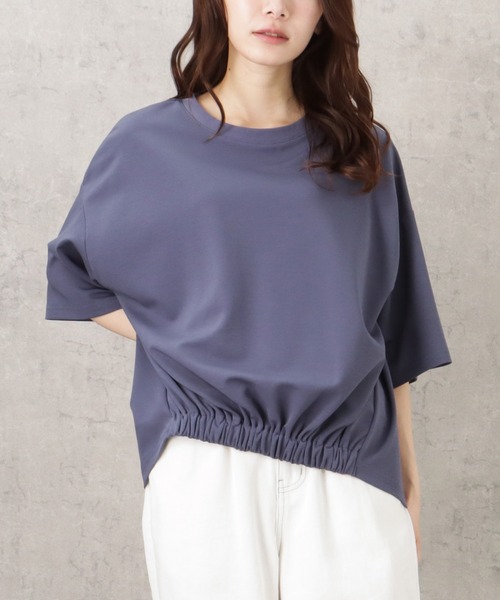 NAVY（ネイビー）の「ステインブロックフロントギャザー無地プルオーバー（Tシャツ/カットソー・レディース・グレイッシュベージュ/パープル/オレンジ/アイボリー・フリー）」の4枚目の写真