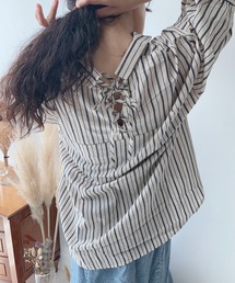 〇後ろリボンレースアップ 5分袖スキッパーシャツ