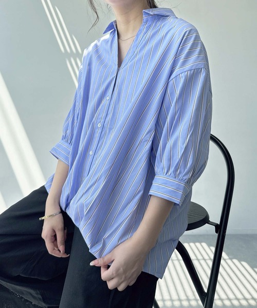 AS KNOW AS plus（アズノゥアズプラス）の「〇レースアップ5分袖スキッパーブラウス（シャツ/ブラウス・レディース・オフホワイト/ネイビー系/ブラック系/ブルー系/グリーン系/ベージュ系/サックスブルー系/ブルー系1/ブルー系2/イエロー系2/ブルー系3/サックスブルー系1/ベージュ系その他/ブルー系その他・FREE）」の9枚目の写真