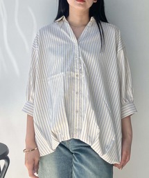 〇後ろリボンレースアップ 5分袖スキッパーシャツ