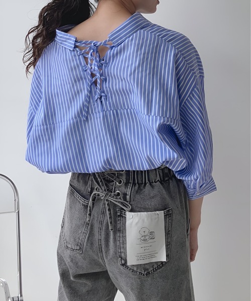 AS KNOW AS plus（アズノゥアズプラス）の「〇レースアップ5分袖スキッパーブラウス（シャツ/ブラウス・レディース・オフホワイト/ネイビー系/ブラック系/ブルー系/グリーン系/ベージュ系/サックスブルー系/ブルー系1/ブルー系2/イエロー系2/ブルー系3/サックスブルー系1/ベージュ系その他/ブルー系その他・FREE）」の15枚目の写真