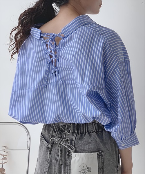 AS KNOW AS plus（アズノゥアズプラス）の「〇レースアップ5分袖スキッパーブラウス（シャツ/ブラウス・レディース・オフホワイト/ネイビー系/ブラック系/ブルー系/グリーン系/ベージュ系/サックスブルー系/ブルー系1/ブルー系2/イエロー系2/ブルー系3/サックスブルー系1/ベージュ系その他/ブルー系その他・FREE）」の16枚目の写真