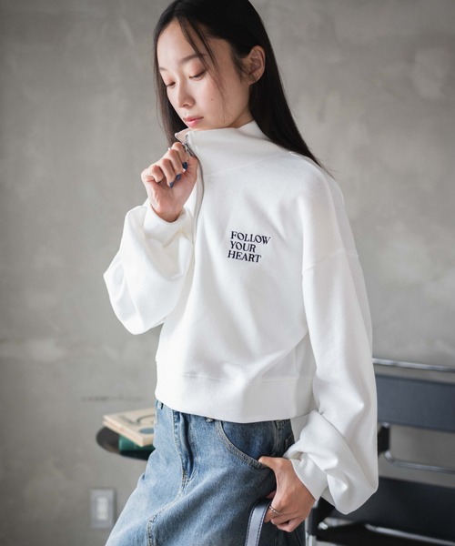 H BEAUTY＆YOUTH ハーフジップ ショートスウェット H＞ ハーフジップ ショートスリーブ クルーザー スウェット
