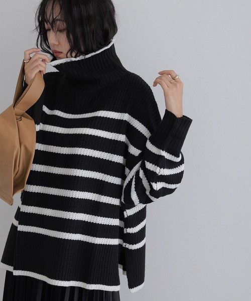 ElegChic(エレグシック)の「ハイネックボーダーニット(ニット/セーター・レディース・ブラック系その他2/ホワイト系その他/ブラック系その他・M/XL/4L)」の5枚目の写真