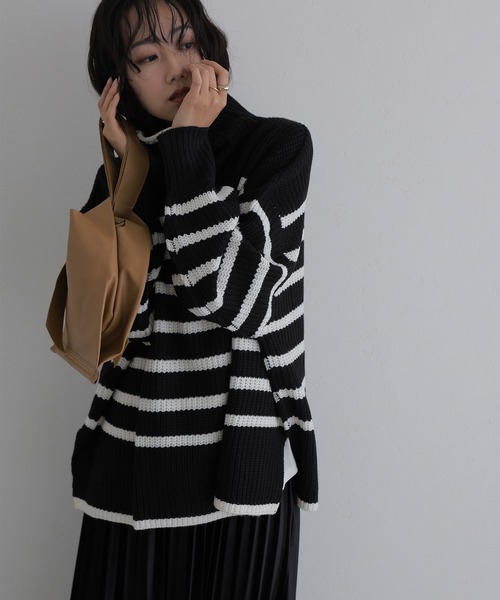 ElegChic(エレグシック)の「ハイネックボーダーニット(ニット/セーター・レディース・ブラック系その他2/ホワイト系その他/ブラック系その他・M/XL/4L)」の6枚目の写真