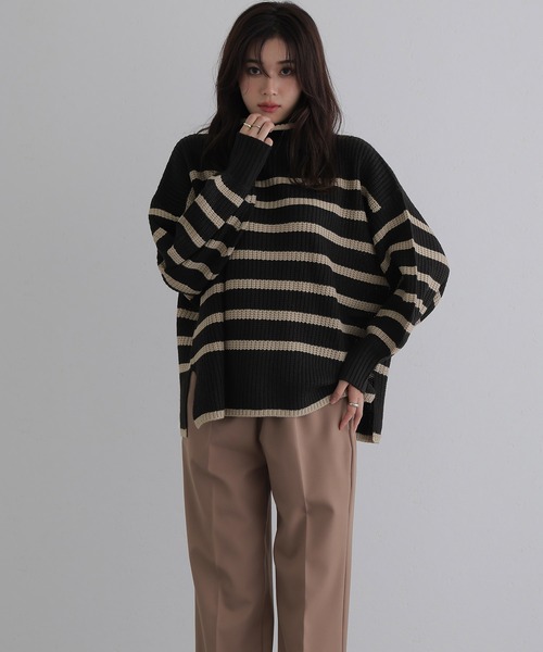 ElegChic(エレグシック)の「ハイネックボーダーニット(ニット/セーター・レディース・ブラック系その他2/ホワイト系その他/ブラック系その他・M/XL/4L)」の8枚目の写真