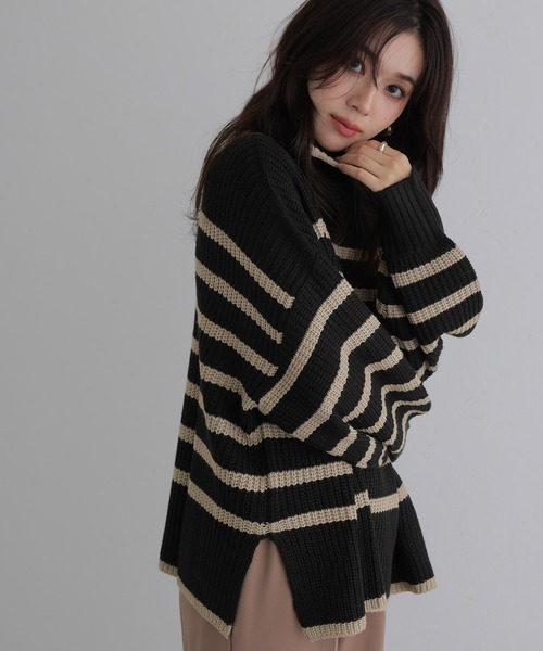ElegChic(エレグシック)の「ハイネックボーダーニット(ニット/セーター・レディース・ブラック系その他2/ホワイト系その他/ブラック系その他・M/XL/4L)」の9枚目の写真