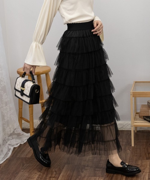 セール】段フリルのチュールロングスカート（スカート）｜pumpkin port