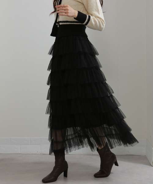 HER. ハー チュールフリルスカート コクーンシルエット ブラック 1 美品 LANVIN en Bleu スカート フリルコクーンスカート : ZOZOTOWN Yahoo!店