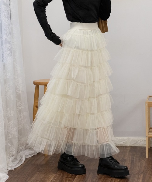 セール】段フリルのチュールロングスカート（スカート）｜pumpkin port