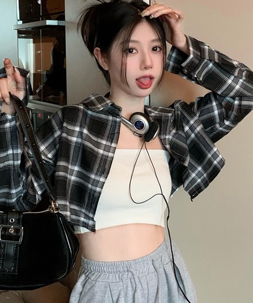 SHEPP（シープ）の「オンブレチェック ショートシャツ クロップドシャツ 長袖/日焼け・冷房対策（シャツ/ブラウス・レディース・ブラック/ブルー・L/S/M）」の10枚目の写真