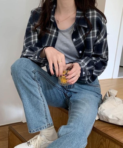 SHEPP（シープ）の「オンブレチェック ショートシャツ クロップドシャツ 長袖/日焼け・冷房対策（シャツ/ブラウス・レディース・ブラック/ブルー・L/S/M）」の15枚目の写真