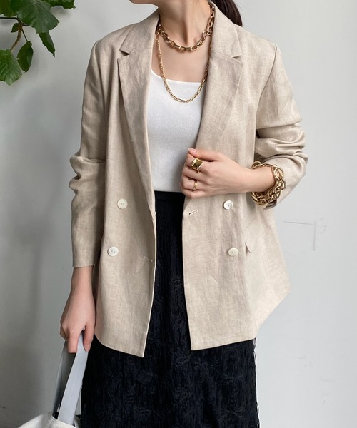 DouDou(ドゥドゥ)の「リネンジャケット(テーラードジャケット・レディース・ベージュ/ブラック・FREE)」の5枚目の写真
