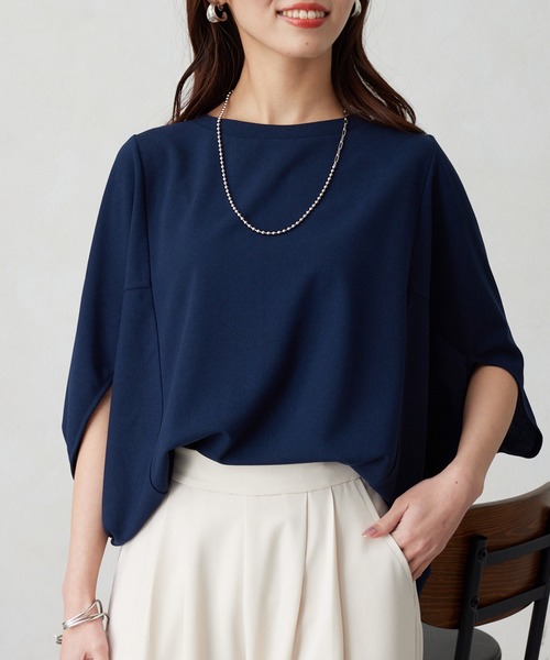 Chez toi(シェトワ)の「梨地ヤッコスリーブプルオーバー(Tシャツ/カットソー・レディース・ネイビー/オレンジ/オフホワイト/ブラック・FREE)」の3枚目の写真