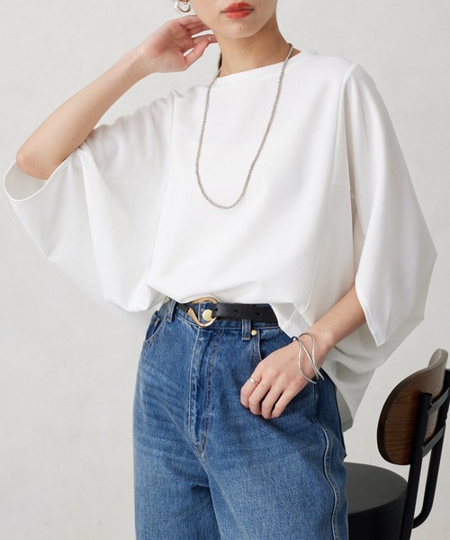 Chez toi(シェトワ)の「梨地ヤッコスリーブプルオーバー(Tシャツ/カットソー・レディース・ネイビー/オレンジ/オフホワイト/ブラック・FREE)」の2枚目の写真