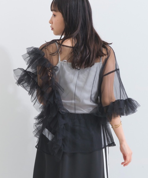 terrace(テラス)の「チュールレース アシンメトリーチュールレーストップ(Tシャツ/カットソー・レディース・アイボリー/ブラック/グレー/ピンク/ブルーグリーン/ダークオレンジ/バーガンディー/チャコール・MEDIUM)」の13枚目の写真