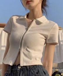 ダブルチャック ポロtシャツ/tee 2WAYショート丈 ダブルジップ半袖カットソー