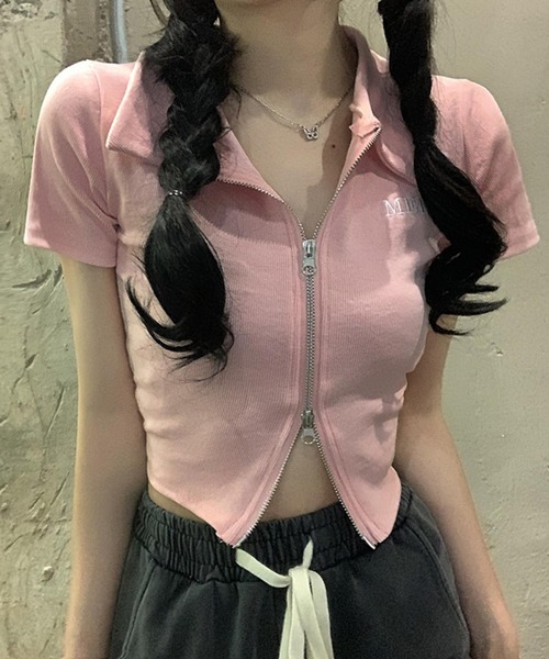 MAISON DE THERESE（メゾン ド テレーズ）の「ダブルチャック　ポロtシャツ/tee 2WAYショート丈 ダブルジップ半袖カットソー（ポロシャツ・レディース・グレー/ピンク/ホワイト・S/M/L）」の6枚目の写真