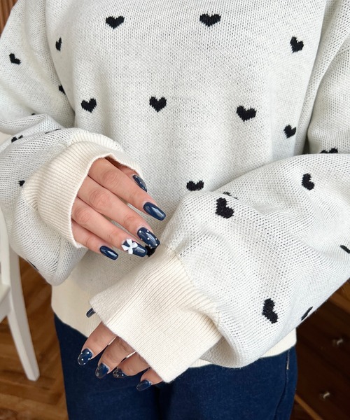 セール】クルーネックハート柄ジャガードニットプルオーバー（ニット