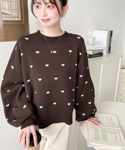 セール】クルーネックハート柄ジャガードニットプルオーバー（ニット