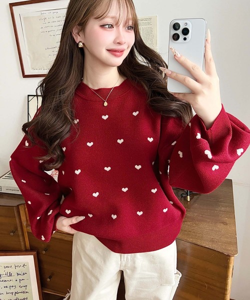 セール】クルーネックハート柄ジャガードニットプルオーバー（ニット