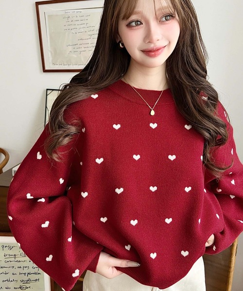 セール】クルーネックハート柄ジャガードニットプルオーバー（ニット