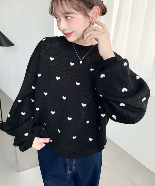 セール】クルーネックハート柄ジャガードニットプルオーバー（ニット