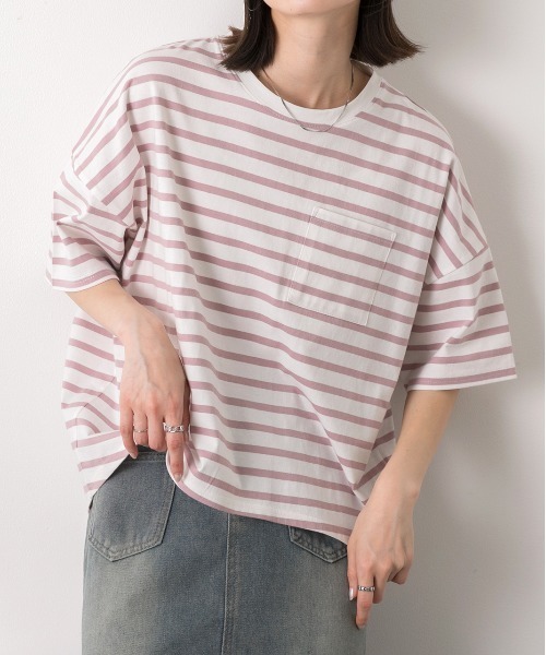 ad thie(アドティエ)の「ポケット付き ボーダーTシャツ(Tシャツ/カットソー・レディース・モスグリーン/モカ/ネイビー/オフホワイト/ピンク/ブラック/ライトブルー・FREE)」の7枚目の写真