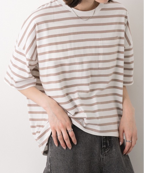 ad thie(アドティエ)の「ポケット付き ボーダーTシャツ(Tシャツ/カットソー・レディース・モスグリーン/モカ/ネイビー/オフホワイト/ピンク/ブラック/ライトブルー・FREE)」の3枚目の写真