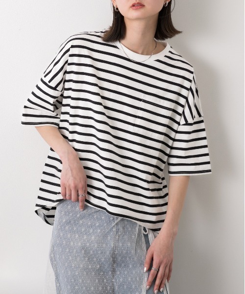 ad thie(アドティエ)の「ポケット付き ボーダーTシャツ(Tシャツ/カットソー・レディース・モスグリーン/モカ/ネイビー/オフホワイト/ピンク/ブラック/ライトブルー・FREE)」の9枚目の写真