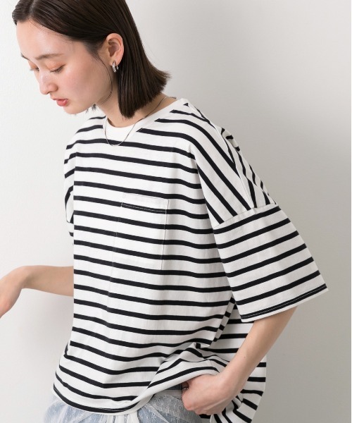 ad thie(アドティエ)の「ポケット付き ボーダーTシャツ(Tシャツ/カットソー・レディース・モスグリーン/モカ/ネイビー/オフホワイト/ピンク/ブラック/ライトブルー・FREE)」の10枚目の写真