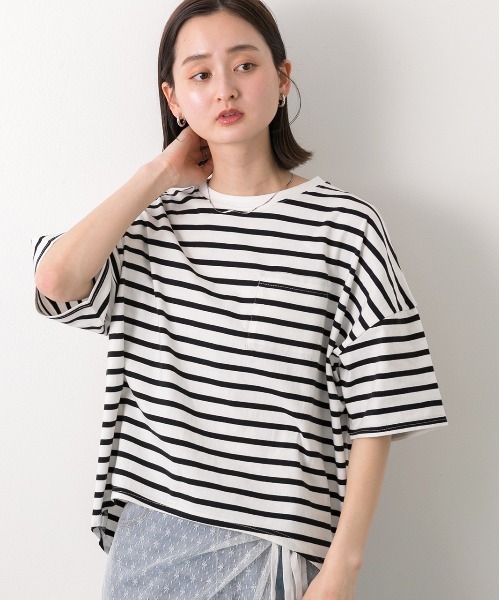 ad thie(アドティエ)の「ポケット付き ボーダーTシャツ(Tシャツ/カットソー・レディース・モスグリーン/モカ/ネイビー/オフホワイト/ピンク/ブラック/ライトブルー・FREE)」の12枚目の写真